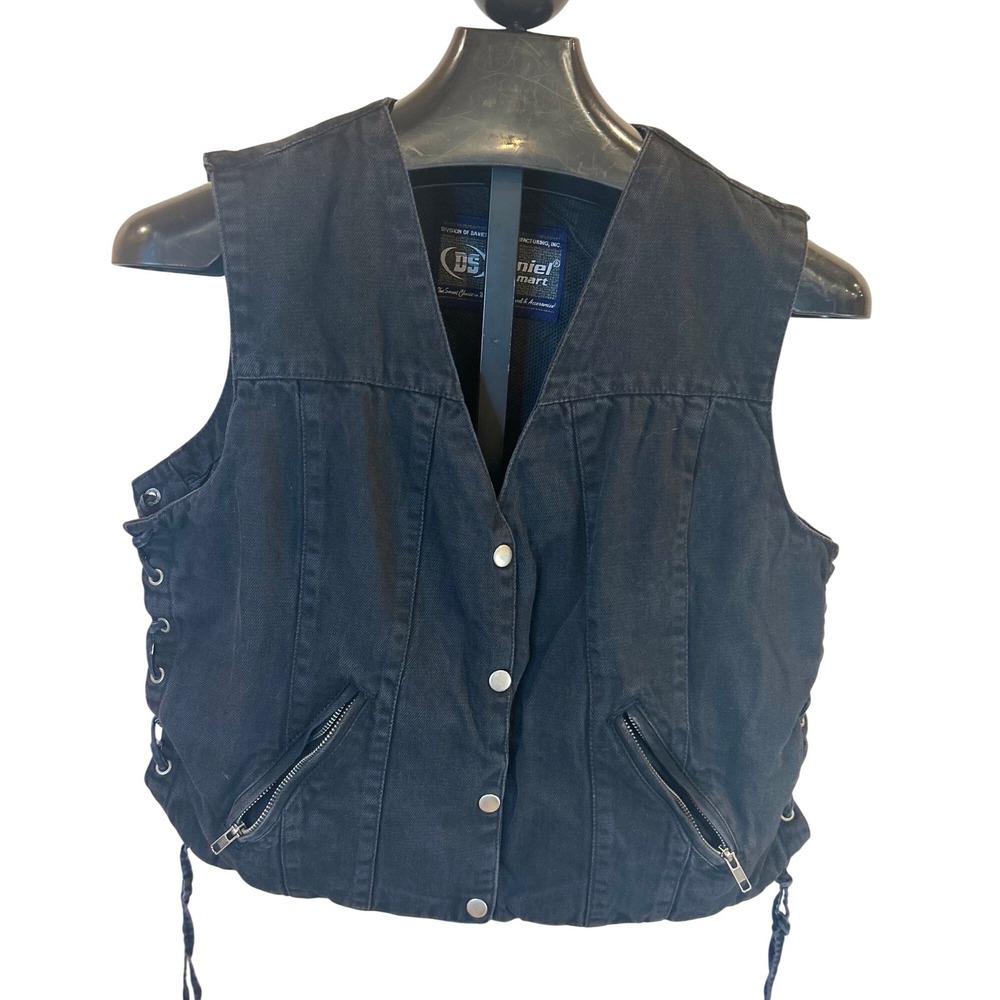 Daniel Smart Black Motorcycle Vest‎ Women's Lace Up Sides Zipper Pockets